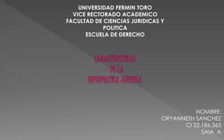 UNIVERSIDAD FERMIN TORO
VICE RECTORADO ACADEMICO
FACULTAD DE CIENCIAS JURIDICAS Y
POLITICA
ESCUELA DE DERECHO
NOMBRE:
ORYANNETH SANCHEZ
CI 22.186.365
SAIA A
 