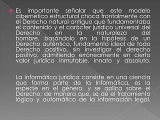 Es importante señalar que este modelo cibernético estructural choca frontalmente con el Derecho natural antiguo que fundamentaba el contenido y el carácter jurídico universal del Derecho en la naturaleza del hombre, basándolo en la hipótesis de un Derecho auténtico, fundamento ideal de todo Derecho positivo, sin investigar el derecho positivo, admitiendo erróneamente en cierto valor jurídico inmutable, innato y absoluto.La Informática jurídica consiste en una ciencia que forma parte de la Informática, es la especie en el género, y se aplica sobre el Derecho; de manera que, se dé el tratamiento lógico y automático de la información legal.