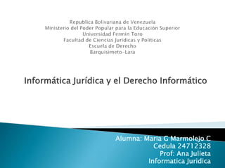 Informática Jurídica y el Derecho Informático 
Alumna: Maria G Marmolejo C 
Cedula 24712328 
Prof: Ana Julieta 
Informatica Juridica 
 