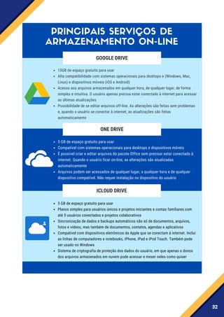 32
GOOGLE DRIVE
5 GB de espaço gratuito para usar
Compatível com sistemas operacionais para desktops e dispositivos móveis
É possível criar e editar arquivos do pacote Office sem precisar estar conectado à
internet. Quando o usuário ficar on-line, as alterações são atualizadas
automaticamente
Arquivos podem ser acessados de qualquer lugar, a qualquer hora e de qualquer
dispositivo compatível. Não requer instalação no dispositivo do usuário
ONE DRIVE
ICLOUD DRIVE
5 GB de espaço gratuito para usar
Planos simples para usuários únicos e projetos iniciantes e contas familiares com
até 5 usuários conectados e projetos colaborativos
Sincronização de dados e backups automáticos não só de documentos, arquivos,
fotos e vídeos, mas também de documentos, contatos, agendas e aplicativos
Compatível com dispositivos eletrônicos da Apple que se conectam à internet. Inclui
as linhas de computadores e notebooks, iPhone, iPad e iPod Touch. Também pode
ser usado no Windows
Sistema de criptografia de proteção dos dados do usuário, em que apenas o donos
dos arquivos armazenados em nuvem pode acessar e mexer neles como quiser
15GB de espaço gratuito para usar
Alta compatibilidade com sistemas operacionais para desktops e (Windows, Mac,
Linux) e dispositivos móveis (iOS e Android)
Acesso aos arquivos armazenados em qualquer hora, de qualquer lugar, de forma
simples e intuitiva. O usuário apenas precisa estar conectado à internet para acessar
as últimas atualizações
Possibilidade de se editar arquivos off-line. As alterações são feitas sem problemas
e, quando o usuário se conectar à internet, as atualizações são feitas
automaticamente
PRINCIPAIS SERVIÇOS DE
ARMAZENAMENTO ON-LINE
 