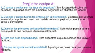 Preguntas equipo #1
1¿Cuantos y cuales son los tipos de seguridad? Son 3, seguridad sobre las
personas ,seguridad sobre ele ambiente, seguridad en el ambiente laboral.
2¿Cuantos y cuales fueron los enfoque en la información? 3 embologia: Estimulo
sensorial, computación como una medida de la complejidad, comunicación
social y periodismo.
3¿Que son los principios de seguridad informático? Son reglas puesta para el
cuidado de lo que hacemos utilizando el Internet.
4¿Para que es la disponibilidad? Para encontrar lo que buscamos con mayor
facilidad.
5¿En que me ayuda la confidencialidad? A protegerlos datos para que no sean
robados.
 