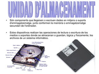 Són components que llegeixen o escriuen dades en mitjans o suports d'emmagatzematge, junts conformen la memòria o emmagatzematge secundari de l'ordinador.   Estos dispositivos realizan las operaciones de lectura o escritura de los medios o soportes donde se almacenan o guardan, lógica y físicamente, los archivos de un sistema informático.  UNIDAD D’ALMACENAMENT 