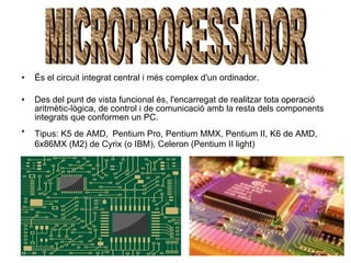 És el circuit integrat central i més complex d'un ordinador. Des del punt de vista funcional és, l'encarregat de realitzar tota operació aritmètic-lògica, de control i de comunicació amb la resta dels components integrats que conformen un PC.  Tipus:  K5 de AMD,   Pentium Pro, Pentium MMX, Pentium II, K6 de AMD, 6x86MX (M2) de Cyrix (o IBM), Celeron (Pentium II light) MICROPROCESSADOR 