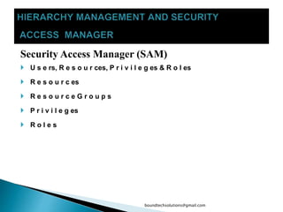 Security Access Manager (SAM)
 U s e rs, R e s o u r ces, P r i v i l e g es & R o l es
 R e s o u r c es
 R e s o u r c e G r o u p s
 P r i v i l e g es
 R o l e s
boundtechsolutions@gmail.com
 
