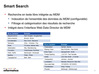 Smart Search 
•Recherche en texte libre intégrée au MDM 
•Indexation de l’ensemble des données du MDM (configurable) 
•Filtrage et catégorisation des résultats de recherche 
•Intégré dans l’interface Web Data Director de MDM 
10  