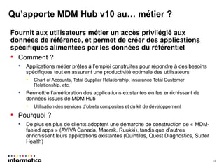 Qu’apporte MDM Hub v10 au… métier ? 
Fournit aux utilisateurs métier un accès privilégié aux données de référence, et permet de créer des applications spécifiques alimentées par les données du référentiel 
•Comment ? 
•Applications métier prêtes à l’emploi construites pour répondre à des besoins spécifiques tout en assurant une productivité optimale des utilisateurs 
•Chart of Accounts, Total Supplier Relationship, Insurance Total Customer Relationship, etc. 
•Permettre l’amélioration des applications existantes en les enrichissant de données issues de MDM Hub 
•Utilisation des services d’objets composites et du kit de développement 
•Pourquoi ? 
•De plus en plus de clients adoptent une démarche de construction de « MDM- fueled apps » (AVIVA Canada, Maersk, Ruukki), tandis que d’autres enrichissent leurs applications existantes (Quintiles, Quest Diagnostics, Sutter Health) 
14  