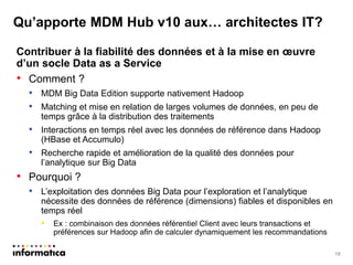 Qu’apporte MDM Hub v10 aux… architectes IT? 
Contribuer à la fiabilité des données et à la mise en oeuvre d’un socle Data as a Service 
•Comment ? 
•MDM Big Data Edition supporte nativement Hadoop 
•Matching et mise en relation de larges volumes de données, en peu de temps grâce à la distribution des traitements 
•Interactions en temps réel avec les données de référence dans Hadoop (HBase et Accumulo) 
•Recherche rapide et amélioration de la qualité des données pour l’analytique sur Big Data 
•Pourquoi ? 
•L’exploitation des données Big Data pour l’exploration et l’analytique nécessite des données de référence (dimensions) fiables et disponibles en temps réel 
•Ex : combinaison des données référentiel Client avec leurs transactions et préférences sur Hadoop afin de calculer dynamiquement les recommandations 
19  