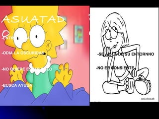 ASUATADO -ENTRA EN PANICO -ODIA LA OSCURIDAD -NO QUIERE ESTAR SOLO -BUSCA AYUDA PENSATIVO -SE AISLA DE SU ENTORNNO -NO ES CONSIENTE 