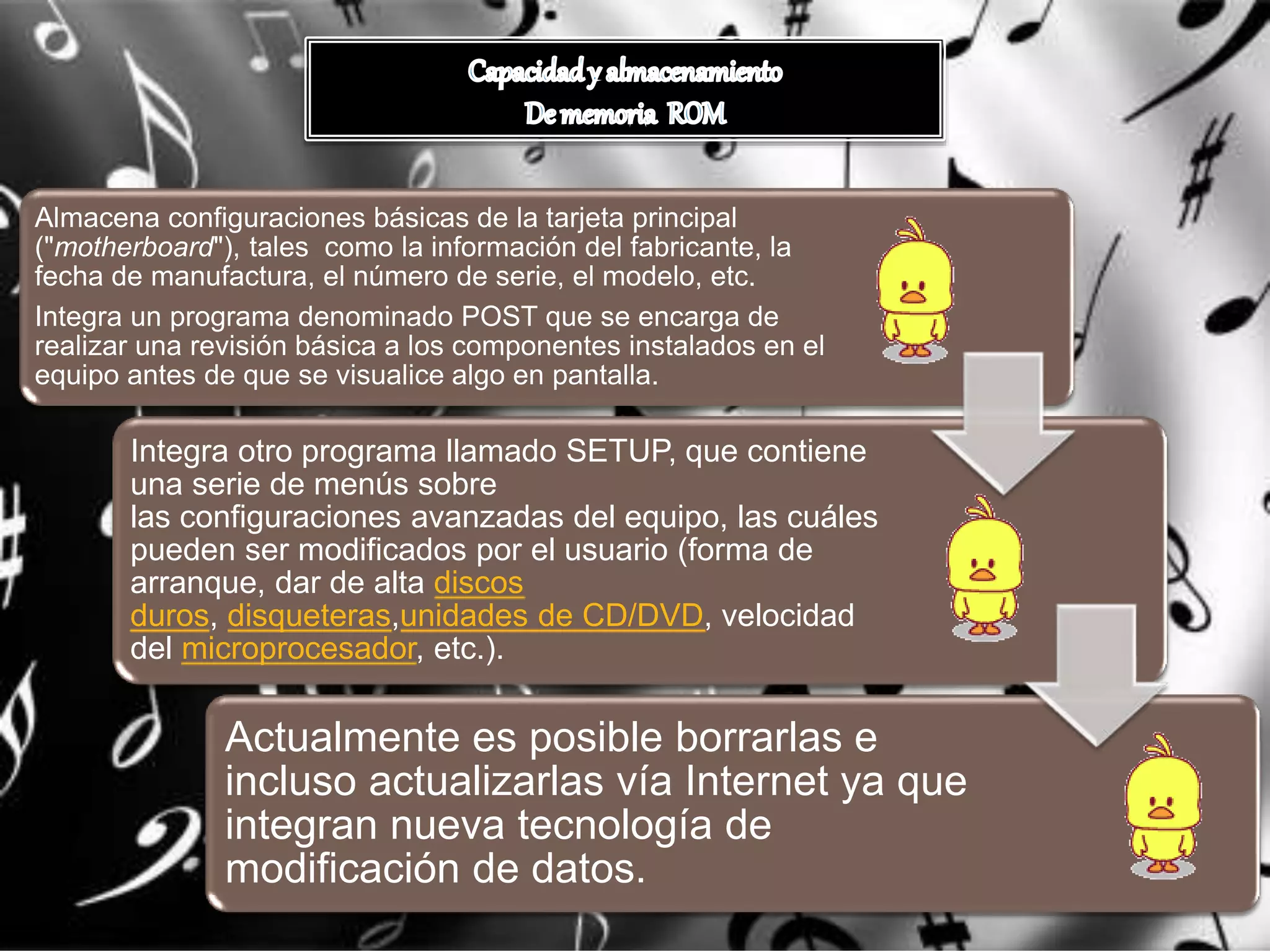 Almacena configuraciones básicas de la tarjeta principal
("motherboard"), tales como la información del fabricante, la
fecha de manufactura, el número de serie, el modelo, etc.
Integra un programa denominado POST que se encarga de
realizar una revisión básica a los componentes instalados en el
equipo antes de que se visualice algo en pantalla.
Integra otro programa llamado SETUP, que contiene
una serie de menús sobre
las configuraciones avanzadas del equipo, las cuáles
pueden ser modificados por el usuario (forma de
arranque, dar de alta discos
duros, disqueteras,unidades de CD/DVD, velocidad
del microprocesador, etc.).
Actualmente es posible borrarlas e
incluso actualizarlas vía Internet ya que
integran nueva tecnología de
modificación de datos.
