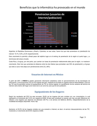 Beneficios que la informática ha provocado en el mundo

                                               Penetracion (usuarios de
                                                 internet/poblacion)
                          Guatemala

                             México

                          Venezuela

                      R. Dominicana                                                               12/08

                                  Brasil                                                          06/08

                           Colombia

                                  Chile

                                           0      10   20       30     40       50      60

Argentina, la República Dominicana y Brasil y Colombia, en ese orden, fueron los que más aumentaron su penetración de
internet: 10,1%, 9,5% y 8,3% respectivamente.
Este crecimiento le permitió a Brasil pasar del séptimo lugar en el ranking de penetración de la región al cuarto lugar, y a
dominicana del octavo al sexto.
Costa Rica y Uruguay, por otra parte, que cuentan con tasas de penetración relativamente altas para la región, no mostraron
crecimiento. Esto hizo que aumentara la distancia entre los dos líderes (que promedian casi 50% de penetración) y el grupo
que está un poco más abajo (con penetraciones entre 22 y 36%)




                                     Usuarios de Internet en México

A partir del 2001, el INEGI ha estado generando información estadística sobre el aprovechamiento de las tecnologías de
información y comunicaciones (TIC) en los hogares del país, mediante la encuesta en hogares sobre la disponibilidad y usos de
las TIC que ha permitido conocer el equipamiento de TIC en dichos lugares, la cuantificación de los usuarios del servicio de
internet, tanto dentro del hogar como fuera de él, así como los usos que le da la población.



                                               Equipamiento de los hogares

Según los resultados del 2010 de esta encuesta, 29.8% de los hogares del país contaba con una computadora, lo cual
representó un incremento del 13.2% con respecto al 2009. Si bien esto constituyó un avance, aún hay una gran diferencia con
relación a los hogares que disponen de televisión (94.7%) o de servicio de telefonía (80.6%), independientemente de la
modalidad tecnológica disponible: móvil o fija.




Asimismo, el 22.2% de los hogares contaba con una conexión a Internet, es decir, el servicio máscaracterístico de las TIC,
mostrando un crecimiento del 22.9% respecto al 2009.



                                                                                                             Page | 5
 