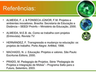 Referências:
•   ALMEIDA, F. J. & FONSECA JÚNIOR, F.M. Projetos e
    ambientes inovadores. Brasília: Secretaria de Educação a
    Distância – SEED/ Proinfo – Ministério da Educação, 2000.

•   ALMEIDA, M.E.B. de. Como se trabalha com projetos
    (Entrevista). Revista TV

•   HERNÁNDEZ, F. Transgressão e mudança na educação: os
    projetos de trabalho. Porto Alegre: ArtMed, 1998.

•   MACHADO, N. J. Educação: Projetos e valores. São Paulo:
    Escrituras Editora, 2000.

•   PRADO, M. Pedagogia de Projetos. Série “Pedagogia de
    Projetos e Integração de Mídias” - Programa Salto para o
    Futuro, Setembro, 2003.
 