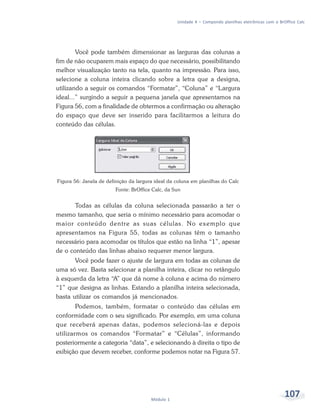 Unidade 4 – Compondo planilhas eletrônicas com o BrOffice Calc




        Você pode também dimensionar as larguras das colunas a
fim de não ocuparem mais espaço do que necessário, possibilitando
melhor visualização tanto na tela, quanto na impressão. Para isso,
selecione a coluna inteira clicando sobre a letra que a designa,
utilizando a seguir os comandos “Formatar”, “Coluna” e “Largura
ideal...” surgindo a seguir a pequena janela que apresentamos na
Figura 56, com a finalidade de obtermos a confirmação ou alteração
do espaço que deve ser inserido para facilitarmos a leitura do
conteúdo das células.




Figura 56: Janela de definição da largura ideal da coluna em planilhas do Calc
                         Fonte: BrOffice Calc, da Sun


       Todas as células da coluna selecionada passarão a ter o
mesmo tamanho, que seria o mínimo necessário para acomodar o
maior conteúdo dentre as suas células. No exemplo que
apresentamos na Figura 55, todas as colunas têm o tamanho
necessário para acomodar os títulos que estão na linha “1”, apesar
de o conteúdo das linhas abaixo requerer menor largura.
       Você pode fazer o ajuste de largura em todas as colunas de
uma só vez. Basta selecionar a planilha inteira, clicar no retângulo
à esquerda da letra “A” que dá nome à coluna e acima do número
“1” que designa as linhas. Estando a planilha inteira selecionada,
basta utilizar os comandos já mencionados.
        Podemos, também, formatar o conteúdo das células em
conformidade com o seu significado. Por exemplo, em uma coluna
que receberá apenas datas, podemos selecioná-las e depois
utilizarmos os comandos “Formatar” e “Células”, informando
posteriormente a categoria “data”, e selecionando à direita o tipo de
exibição que devem receber, conforme podemos notar na Figura 57.




                                        Módulo 1
                                                                                                       107
 