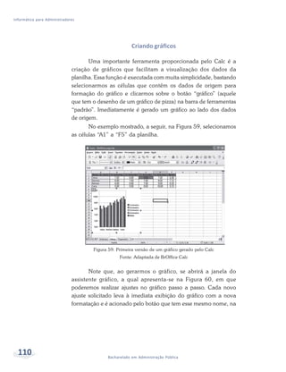 Informática para Administradores




                                                        Criando gráficos

                                     Uma importante ferramenta proporcionada pelo Calc é a
                              criação de gráficos que facilitam a visualização dos dados da
                              planilha. Essa função é executada com muita simplicidade, bastando
                              selecionarmos as células que contêm os dados de origem para
                              formação do gráfico e clicarmos sobre o botão “gráfico” (aquele
                              que tem o desenho de um gráfico de pizza) na barra de ferramentas
                              “padrão”. Imediatamente é gerado um gráfico ao lado dos dados
                              de origem.
                                     No exemplo mostrado, a seguir, na Figura 59, selecionamos
                              as células “A1” a “F5” da planilha.




                                      Figura 59: Primeira versão de um gráfico gerado pelo Calc
                                                  Fonte: Adaptada de BrOffice Calc


                                     Note que, ao gerarmos o gráfico, se abrirá a janela do
                              assistente gráfico, a qual apresenta-se na Figura 60, em que
                              poderemos realizar ajustes no gráfico passo a passo. Cada novo
                              ajuste solicitado leva à imediata exibição do gráfico com a nova
                              formatação e é acionado pelo botão que tem esse mesmo nome, na




  110                                       Bacharelado em Administração Pública
 