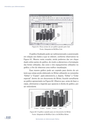 Informática para Administradores




                                        Figura 61: Nova versão de um gráfico gerado pelo Calc
                                                   Fonte: Adaptada de BrOffice Calc


                                      O gráfico finalizado pode ser redimensionado e posicionado
                              em relação aos dados a que se referem, conforme observamos na
                              Figura 61. Mesmo nesta ocasião, ainda podemos dar um clique
                              duplo sobre partes do gráfico, de modo a alterarmos a formatação
                              das fontes utilizadas, das cores e dos espaçamentos utilizados no
                              gráfico, a fim de obtermos uma melhor visualização.
                                     Esse mesmo gráfico pode ser copiado para dentro de um
                              texto que esteja sendo elaborado no Writer utilizando os comandos
                              “Editar” e “Copiar”, após selecioná-lo, e, depois, “Editar” e “Colar
                              especial” dentro de um documento do Writer, ficando semelhante
                              ao gráfico apresentado na Figura 62. Observe que, antes de fazer a
                              cópia, eliminamos a legenda que aparecia à direita do gráfico, por
                              ser redundante.




                                     Figura 62: O gráfico copiado para um documento do Writer
                                        Fonte: Adaptada de BrOffice Calc e de BrOffice Writer

  112                                        Bacharelado em Administração Pública
 