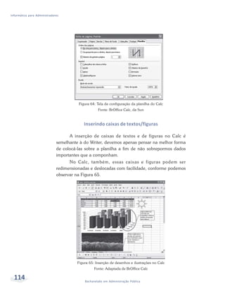 Informática para Administradores




                                        Figura 64: Tela de configuração da planilha do Calc
                                                   Fonte: BrOffice Calc, da Sun



                                           Inserindo caixas de textos/figuras

                                    A inserção de caixas de textos e de figuras no Calc é
                              semelhante à do Writer, devemos apenas pensar na melhor forma
                              de colocá-las sobre a planilha a fim de não sobrepormos dados
                              importantes que a componham.
                                    No Calc, também, essas caixas e figuras podem ser
                              redimensionadas e deslocadas com facilidade, conforme podemos
                              observar na Figura 65.




                                       Figura 65: Inserção de desenhos e ilustrações no Calc
                                                 Fonte: Adaptada de BrOffice Calc

  114                                      Bacharelado em Administração Pública
 