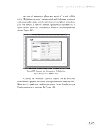Unidade 6 – Estruturando banco de dados com o BrOffice Base




        Ao concluir essa etapa, clique em “Avançar” e será exibida
a tela “Rotulando campos”, que permitirá a atribuição de um nome
mais adequado a cada um dos campos que compõem o relatório,
pois nem sempre o nome do campo representa adequadamente o
que o usuário espera de seu conteúdo. Observe um exemplo dessa
tela na Figura 105.




           Figura 105: Segunda tela do Assistente de Relatórios
                    Fonte: Adaptada de BrOffice Base


       Clicando em “Avançar”, vemos a terceira tela do Assistente
de Relatórios, que nos possibilita fazer agrupamentos de seus dados.
Nesse sentido, podemos escolher agrupar os dados dos clientes por
Estado, conforme o exemplo da Figura 106.




                                      Módulo 1
                                                                                                    157
 