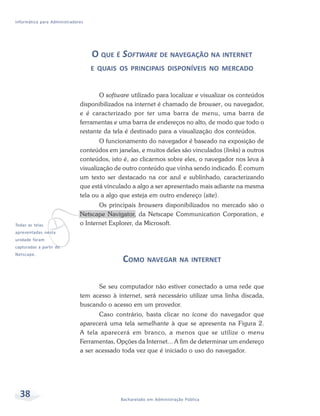Informática para Administradores




                                   O QUE É SOFTWARE DE NAVEGAÇÃO NA INTERNET
                                   E QUAIS OS PRINCIPAIS DISPONÍVEIS NO MERCADO


                                     O software utilizado para localizar e visualizar os conteúdos
                              disponibilizados na internet é chamado de browser, ou navegador,
                              e é caracterizado por ter uma barra de menu, uma barra de
                              ferramentas e uma barra de endereços no alto, de modo que todo o
                              restante da tela é destinado para a visualização dos conteúdos.
                                      O funcionamento do navegador é baseado na exposição de
                              conteúdos em janelas, e muitos deles são vinculados (links) a outros
                              conteúdos, isto é, ao clicarmos sobre eles, o navegador nos leva à
                              visualização de outro conteúdo que vinha sendo indicado. É comum
                              um texto ser destacado na cor azul e sublinhado, caracterizando
                              que está vinculado a algo a ser apresentado mais adiante na mesma
                              tela ou a algo que esteja em outro endereço (site).




            v
                                     Os principais browsers disponibilizados no mercado são o
                              Netscape Navigator, da Netscape Communication Corporation, e
Todas as telas                o Internet Explorer, da Microsoft.
apresentadas nesta
unidade foram
capturadas a partir do
Netscape.
                                             COMO NAVEGAR NA INTERNET

                                    Se seu computador não estiver conectado a uma rede que
                              tem acesso à internet, será necessário utilizar uma linha discada,
                              buscando o acesso em um provedor.
                                     Caso contrário, basta clicar no ícone do navegador que
                              aparecerá uma tela semelhante à que se apresenta na Figura 2.
                              A tela aparecerá em branco, a menos que se utilize o menu
                              Ferramentas, Opções da Internet... A fim de determinar um endereço
                              a ser acessado toda vez que é iniciado o uso do navegador.




  38                                         Bacharelado em Administração Pública
 
