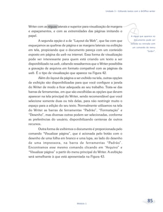 Unidade 3 – Editando textos com o BrOffice writer




                                                                       v
Writer com as réguas laterais e superior para visualização de margens
e espaçamentos, e com as extremidades das páginas imitando o
papel.                                                                           A régua que aparece no

       A segunda opção é a de “Layout da Web”, que faz com que                     documento pode ser
                                                                                exibida ou retirada com
esqueçamos as quebras de página e as margens laterais na exibição
                                                                                  um comando do menu
em tela, propiciando que o documento pareça com um conteúdo                                     “Exibir”.
exposto em página da web na internet. Essa forma de visualização
pode ser interessante para quem está criando um texto a ser
disponibilizado na web, cabendo ressaltarmos que o Writer possibilita
a gravação de arquivos em formato compatível com as páginas da
web. É o tipo de visualização que aparece na Figura 42.
       Além do layout da página a ser exibido na tela, outras opções
de exibição são disponibilizadas para que você configure a janela
do Writer de modo a ficar adequada ao seu trabalho. Trata-se das
barras de ferramentas, em que são escolhidas as opções que devem
aparecer na tela principal do Writer, sendo recomendável que você
selecione somente duas ou três delas, para não restringir muito o
espaço para a edição do seu texto. Normalmente utilizamos na tela
do Writer as barras de ferramentas “Padrão”, “Formatação” e
“Desenho”, mas diversas outras podem ser selecionadas, conforme
as preferências do usuário, disponibilizando centenas de outros
recursos.
       Outra forma de exibirmos o documento é proporcionada pelo
comando “Visualizar página”, que é acionada pelo botão com o
desenho de uma folha em branco e uma lupa, ao lado do desenho
de uma impressora, na bar ra de fer ramentas “Padrão”.
Encontramos esse mesmo comando clicando em “Arquivo” e
“Visualizar página” a partir do menu principal do Writer. A exibição
será semelhante à que está apresentada na Figura 43.




                                   Módulo 1
                                                                                                 85
 