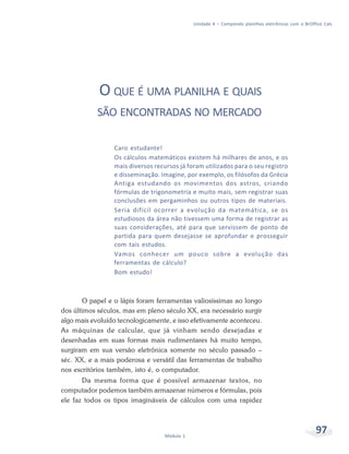 Unidade 4 – Compondo planilhas eletrônicas com o BrOffice Calc




            O QUE É UMA PLANILHA E QUAIS
            SÃO ENCONTRADAS NO MERCADO

                 Caro estudante!
                 Os cálculos matemáticos existem há milhares de anos, e os
                 mais diversos recursos já foram utilizados para o seu registro
                 e disseminação. Imagine, por exemplo, os filósofos da Grécia
                 Antiga estudando os movimentos dos astros, criando
                 fórmulas de trigonometria e muito mais, sem registrar suas
                 conclusões em pergaminhos ou outros tipos de materiais.
                 Seria difícil ocorrer a evolução da matemática, se os
                 estudiosos da área não tivessem uma forma de registrar as
                 suas considerações, até para que servissem de ponto de
                 partida para quem desejasse se aprofundar e prosseguir
                 com tais estudos.
                 Vamos conhecer um pouco sobre a evolução das
                 ferramentas de cálculo?
                 Bom estudo!



       O papel e o lápis foram ferramentas valiosíssimas ao longo
dos últimos séculos, mas em pleno século XX, era necessário surgir
algo mais evoluído tecnologicamente, e isso efetivamente aconteceu.
As máquinas de calcular, que já vinham sendo desejadas e
desenhadas em suas formas mais rudimentares há muito tempo,
surgiram em sua versão eletrônica somente no século passado –
séc. XX, e a mais poderosa e versátil das ferramentas de trabalho
nos escritórios também, isto é, o computador.
       Da mesma forma que é possível armazenar textos, no
computador podemos também armazenar números e fórmulas, pois
ele faz todos os tipos imagináveis de cálculos com uma rapidez




                                   Módulo 1
                                                                                                    97
 