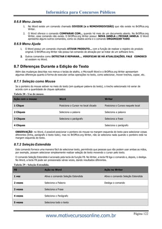 Página 122
Informática para Concursos Públicos
www.motivecursosonline.com.br
8.6.8 Menu Janela
1. No Word existe um comando chamado DIVIDIR (e o REMOVERDIVISÃO) que não existe no BrOffice.org
Writer.
2. O Word oferece o comando COMPARAR COM... quando há mais de um documento aberto. No BrOffice.org
Writer, esse comando não existe. O BrOffice.org Writer possui: NOVA JANELA e FECHAR JANELA. O Word
apresenta alguns outros comandos, como os citados acima e o comando ORGANIZAR TUDO.
8.6.9 Menu Ajuda
1. O Word possui um comando chamado ATIVAR PRODUTO... com a função de realizar o registro do produto
original. O BrOffice.org Writer não possui tal comando de ativação por se tratar de um software livre.
2. Outros comandos como DETECTAR E REPARAR..., VERIFICAR SE HÁ ATUALIZAÇÕES, FALE CONOSCO
só existem no Word.
8.7 Diferenças Durante a Edição do Texto
Além das mudanças descritas nos menus e teclas de atalho, o Microsoft Word e o BrOffice.org Writer apresentam
algumas diferenças quanto à forma de executar certas operações no texto, como selecionar, mover trechos, copiar, etc.
8.7.1 Seleção como Mouse
Se o ponteiro do mouse estiver no meio do texto (em qualquer palavra do texto), o trecho selecionado irá variar de
acordo com a quantidade de cliques aplicados:
Tabela 28 - Uso do mouse.
Ação com o mouse Word Writer
1 Clique Posiciona o Cursor no local clicado Posiciona o Cursos naquele local
2 Cliques Seleciona a palavra Seleciona a palavra
3 Cliques Seleciona o parágrafo Seleciona a frase
4 Cliques Seleciona o parágrafo
OBSERVAÇÃO: no Word, é possível posicionar o ponteiro do mouse na margem esquerda do texto para selecionar coisas
diferentes (linha, parágrafo e texto todo), mas no BrOffice.org Writer, não se seleciona nada quando o ponteiro está na
margem esquerda do texto.
8.7.2 Seleção Estendida
Este comando fornece uma maneira fácil de selecionar texto, permitindo que pessoas que não podem usar ambas as mãos,
por exemplo, possam selecionar simplesmente realizar seleção de texto movendo o cursor pelo texto.
O comando Seleção Estendida é acionado pela tecla de função F8. No Writer, a tecla F8 liga o comando e, depois, o desliga.
No Word, a tecla F8 pode ser pressionada várias vezes, dando resultados diferentes.
Tabela 29 - Seleção Estendida.
F8 Ação no Word Ação no Writer
1 vez Ativa o comando Seleção Estendida Ativa o comando Seleção Estendida
2 vezes Seleciona a Palavra Desliga o comando
3 vezes Seleciona a Frase
4 vezes Seleciona o Parágrafo
5 vezes Seleciona todo o texto
 