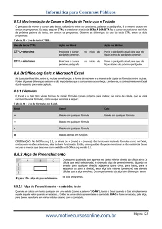 Página 123
Informática para Concursos Públicos
www.motivecursosonline.com.br
8.7.3 Movimentação do Cursor e Seleção de Texto com o Teclado
O processo de mover o cursor pelo texto, saltando-o entre os caracteres, palavras e parágrafos, é o mesmo usado em
ambos os programas. Ou seja, segurar CTRL e pressionar a tecla da SETA À DIREITA faz o cursor se posicionar no início
da próxima palavra do texto, em ambos os programas. Observe as diferenças do uso da tecla CTRL entre os dois
programas:
Tabela 30 - Uso da tecla CTRL.
Uso da tecla CTRL Ação no Word Ação no Writer
CTRL+seta cima Posiciona o cursor
parágrafo anterior.
no início do Move
fique
o parágrafo atual para que ele
acima do parágrafo anterior.
CTRL+seta baixo Posiciona o cursos
próximo parágrafo
no início do Move
fique
o parágrafo atual para que ele
abaixo do próximo parágrafo.
8.8 BrOffice.org Calc x Microsoft Excel
As duas planilhas têm, entre si, muitas semelhanças: a forma de escrever e a maneira de copiar as fórmulas entre outras.
Porém algumas diferenças existem e são importantes que o concurseiro as conheça. Lembre-se, o conhecimento em Excel
é pré-requisito para este capítulo.
8.8.1 Fórmulas
O Excel e o Calc têm várias formas de iniciar fórmulas (sinais próprios para indicar, no início da célula, que se está
escrevendo uma fórmula), como as que veremos a seguir:
Tabela 31 - Uso de fórmulas no Excel.
Sinal Excel Calc
= Usado em qualquer fórmula Usado em qualquer fórmula
+ Usado em qualquer fórmula
- Usado em qualquer fórmula
@ Usado apenas em funções
OBSERVAÇÃO: No BrOffice.org 2.1, os sinais de + (mais) e - (menos) não funcionam iniciando fórmulas como no Excel,
embora em versões anteriores, eles tenham funcionado. Então, uma questão não pode mencionar a não existência desse
recurso a menos que descreve com exatidão o BrOffice.org versão 2.1.
8.8.2 Alça de Preenchimento
O pequeno quadrado que aparece no canto inferior direito da célula ativa (a
célula que está selecionada) é chamado alça de preenchimento. Quando se
arrasta para qualquer direção adjacente (para cima, para baixo, para a
esquerda ou para a direita), essa alça cria valores (preenche) nas demais
células que a alça envolveu. O comportamento da alça tem diferenças entre
Figura 136- Alça de preenchimento. os dois programas.
8.8.2.1 Alça de Preenchimento – conteúdo: texto
Quando se coloca um texto qualquer em uma célula (como a palavra “JOÃO”), tanto o Excel quando o Calc simplesmente
repete aquele valor quando arrastados... Então, se uma célula apresentasse o conteúdo JOÃO e fosse arrastada, pela alça,
para baixo, resultaria em várias células abaixo com o conteúdo.
 