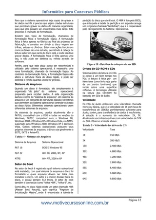 Informática para Concursos Públicos
www.motivecursosonline.com.br
Página 12
Para que o sistema operacional seja capaz de gravar e
ler dados no HD, é preciso que sejam criadas estruturas
que permitam gravar os dados de maneira organizada,
para que eles possam ser encontrados mais tarde. Este
processo é chamado de formatação.
Existem dois tipos de formatação, chamados de
formatação física e formatação lógica. A formatação
física é feita apenas na fábrica ao final do processo de
fabricação, e consiste em dividir o disco virgem em
trilhas, setores e cilindros. Estas marcações funcionam
como as faixas de uma estrada, permitindo à cabeça de
leitura saber em que parte do disco está, e onde ela deve
gravar dados. A formatação física é feita apenas uma
vez, e não pode ser desfeita ou refeita através de
software.
Porém, para que este disco possa ser reconhecido e
utilizado pelo sistema operacional, é necessária uma
nova formatação, chamada de formatação lógica. Ao
contrário da formatação física, a formatação lógica não
altera a estrutura física do disco rígido, e pode ser
desfeita e refeita quantas vezes for preciso.
Sistema de Arquivos
Quando um disco é formatado, ele simplesmente é
organizado “do jeito” do sistema operacional,
preparado para receber dados. A esta organização
damos o nome de “sistema de arquivos”. Um sistema de
arquivos é um conjunto de estruturas lógicas e de rotinas
que permitem ao sistema operacional controlar o acesso
ao disco rígido. Diferentes sistemas operacionais usam
diferentes sistemas de arquivos.
Os sistemas de arquivos, usados atualmente são o
FAT16, compatível com o DOS e todas as versões do
Windows, FAT32, compatível com o Windows 98,
Windows 2000 e Windows XP e Windows Vista, e o NTFS,
suportado pelo Windows 2000, Windows XP e Windows
Vista. Outros sistemas operacionais possuem seus
próprios sistemas de arquivos; o Linux usa geralmente o
EXT2, EXT3 e ReiserFS.
Tabela 4 - Sistemas de Arquivos
Sistema de Arquivos Sistema Operacional
FAT 16 DOS E Windows 95
FAT 32 Win 98, 2000, NT, XP
NTFS Win NT, 2000 e XP
Setor de Boot
No setor de boot é registrado qual sistema operacional
está instalado, com qual sistema de arquivos o disco foi
formatado e quais arquivos devem ser lidos para
inicializar o micro. Um setor é a menor divisão física do
disco, e possui sempre 512 bytes. O setor de boot
também é conhecido como “trilha MBR”, “trilha 0”, etc.
Como dito, no disco rígido existe um setor chamado MBR
(Master Boot Record), que significa “Registro de
Inicialização Mestre”, onde é encontrada a tabela de
partição do disco que dará boot. O MBR é lido pelo BIOS,
que interpreta a tabela de partição e em seguida carrega
um programa chamado “bootstrap”, que é o responsável
pelo carregamento do Sistema Operacional.
Figura 19 - Detalhes do cabeçote de um HD.
Drives de CD-ROM e CDs
Sistema óptico de leitura em CDs
já existe a um bom tempo nos
PCs. A leitura é feita por um
feixe laser (uma linha que parte
de um centro luminoso) que
incide sobre uma superfície
reflexiva. A tecnologia utilizada
na leitura dos CD-ROM foi
baseada em CDs de áudio.
Velocidade
Os CDs de áudio utilizavam uma velocidade chamada
mono ou básica, que é a velocidade de 1X com taxa de
transferência de 150KB/s perfeitamente suficiente para
áudio, porém, para transferência de dados é insuficiente.
A solução é o aumento da velocidade: 2X, 3X.
Atualmente encontramos drives com velocidades de 52X
ou 56X. Observe a tabela abaixo:
Tabela 5 - Velocidade dos drives de CD.
Velocidade Taxa
1X 150 KB/s
2X 300 KB/S
16X 2.400 KB/s
32X 4.800 KB/s
48X 7.200 KB/s
52X 7.800 KB/s
56X 8.400 KB/s
60X 9.000 KB/s
64X 9.600 KB/s
 