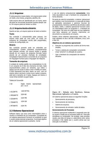 Informática para Concursos Públicos
Página 34
www.motivecursosonline.com.br
2.1.2 Arquivos
É onde gravamos nossos dados. Um arquivo pode conter
um texto, uma música, programa, planilha, etc.
Cada arquivo deve ser identificado por um nome, assim
ele pode ser encontrado facilmente quando desejar usá-
lo. Um arquivo pode ser binário ou texto.
2.1.3 Arquivotextoebinário
Quanto ao tipo, um arquivo pode ser de texto ou binário:
Texto
Seu conteúdo é compreendido pelas pessoas. Um
arquivo texto pode ser uma carta, um script, um
programa de computador escrito pelo programador,
arquivo de configuração, etc.
Binário
Seu conteúdo somente pode ser entendido por
computadores. Contém caracteres incompreensíveis
para pessoas normais. Um arquivo binário é gerado
através de um arquivo de programa (formato texto)
através de um processo chamado de compilação.
Compilação é basicamente a conversão de um programa
em linguagem humana para a linguagem de máquina.
Tamanho de arquivos
A unidade de medida padrão nos computadores é o bit.
A um conjunto de 8 bits nós chamamos de byte. Cada
arquivo/diretório possui um tamanho, que indica o
espaço que ele ocupa no disco e isto é medido em bytes.
O byte representa uma letra. Assim, se você criar um
arquivo vazio e escrever o nome Linux e salvar o arquivo,
este terá o tamanho de 5 bytes. Espaços em branco e
novas linhas também ocupam bytes.
Tabela de Conversão
1 bit Digito binário representado
por 1 ou 0
1 KILOBYTE
1024 BYTES
1 MEGABYTE
1024 KB
1 GIGABYTE
1024 MB
1 TERABYTE
1024 GB
1 PETABYTE 1024 TB
2.3 Sistema Operacional
Software básico que atua como intermediário entre o
usuário e o hardware de um computador. O propósito de
um sistema operacional é fornecer um ambiente no qual
o usuário possa executar programas. O principal objetivo
de um sistema operacional é, portanto, tornar
o uso do sistema computacional conveniente. Uma
meta secundária é usar o hardware do computador de
forma eficiente.
Do ponto de vista do computador, o sistema operacional
que viabiliza o seu funcionamento e a execução de todos
as aplicações (processos) e gerencia recursos de
processamento, memória e periféricos de entrada e saída
de dados. Enfim, o sistema operacional funciona como
um intermediário entre um programa e o hardware do
computador. Ele entra em ação toda vez que digitamos
uma letra, salvamos um arquivo, imprimimos um
documento ou executamos um arquivo.
Existem vários sistemas operacionais; entre eles, os
mais utilizados no dia a dia são o Windows, Linux, Unix
e Mac OS.
Objetivos de um sistema operacional:
 Executar os programas dos usuários de forma mais
simples;
 Tornar o sistema do computador conveniente
(mais “próximo”) à utilização do usuário;
Usar o Hardware do computador de maneira
eficiente.
Figura 69 - Relação entre Hardware, Sistema
Operacional, Aplicações e o Usuário.
Um sistema operacional possui as seguintes funções:
Gerenciamento de processos;
 Gerenciamento de memória;
Sistema de arquivos;
 Gerenciamento de entrada e saída de dados.
Gerenciamento de Processos
O sistema operacional multitarefa é preparado para dar
ao usuário a ilusão que os processos estão em execução
simultânea no computador. Na verdade, cada processo
recebe uma fatia do tempo e a alternância entre vários
processos é tão rápida que o usuário pensa que sua
execução é simultânea.
 