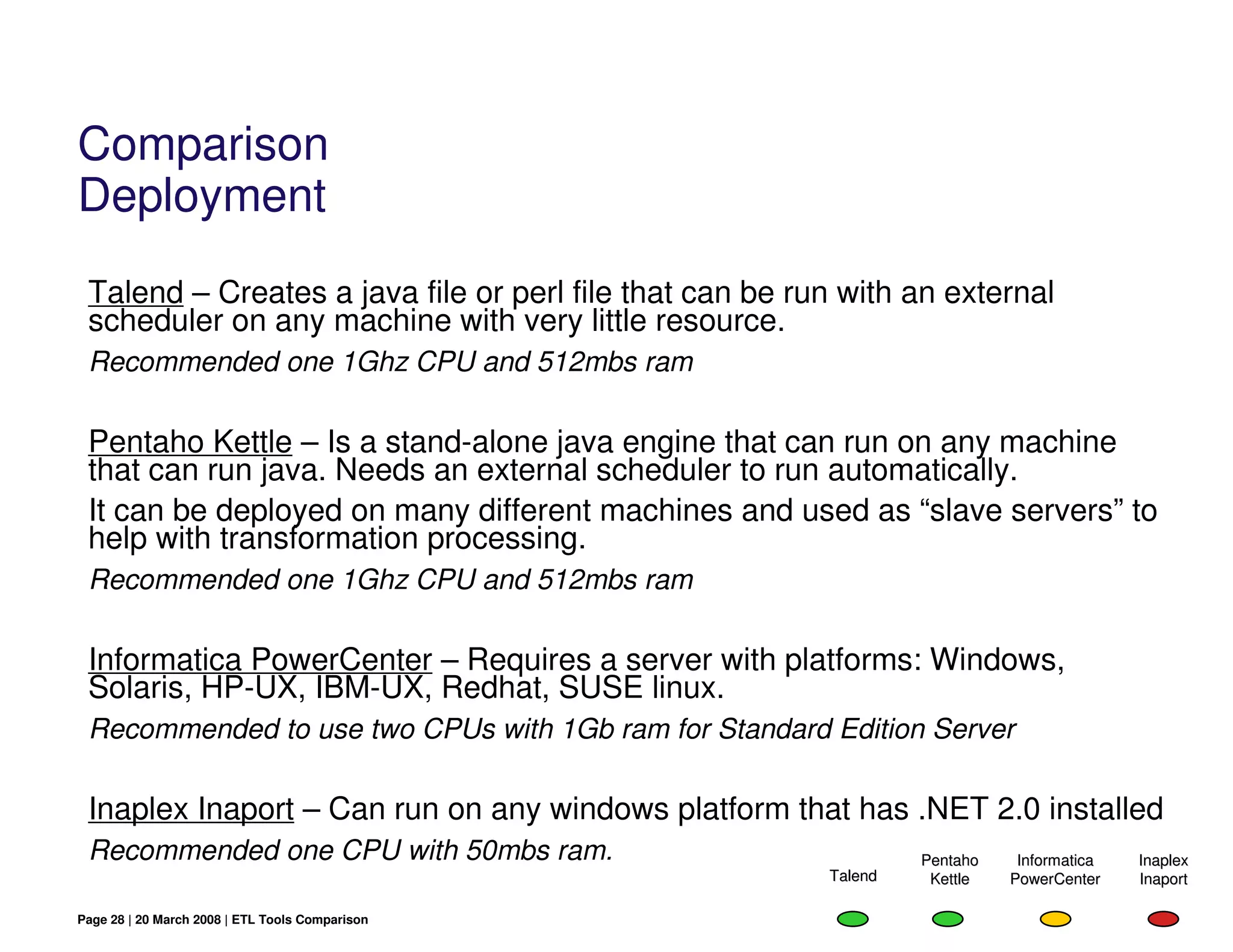 Comparison
Deployment
 Talend – Creates a java file or perl file that can be run with an external
 scheduler on any machine with very little resource.
 Recommended one 1Ghz CPU and 512mbs ram

 Pentaho Kettle – Is a stand-alone java engine that can run on any machine
 that can run java. Needs an external scheduler to run automatically.
 It can be deployed on many different machines and used as “slave servers” to
 help with transformation processing.
 Recommended one 1Ghz CPU and 512mbs ram

 Informatica PowerCenter – Requires a server with platforms: Windows,
 Solaris, HP-UX, IBM-UX, Redhat, SUSE linux.
 Recommended to use two CPUs with 1Gb ram for Standard Edition Server

 Inaplex Inaport – Can run on any windows platform that has .NET 2.0 installed
 Recommended one CPU with 50mbs ram.                              Pentaho    Informatica   Inaplex
                                                         Talend    Kettle   PowerCenter    Inaport

Page 28 | 20 March 2008 | ETL Tools Comparison
 