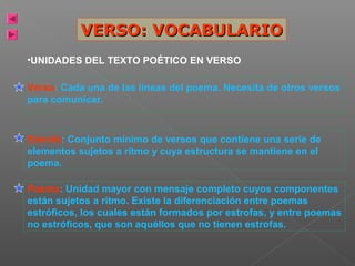 VERSO: VOCABULARIO
•UNIDADES DEL TEXTO POÉTICO EN VERSO
Verso: Cada una de las líneas del poema. Necesita de otros versos
para comunicar.

Estrofa: Conjunto mínimo de versos que contiene una serie de
elementos sujetos a ritmo y cuya estructura se mantiene en el
poema.
Poema: Unidad mayor con mensaje completo cuyos componentes
están sujetos a ritmo. Existe la diferenciación entre poemas
estróficos, los cuales están formados por estrofas, y entre poemas
no estróficos, que son aquéllos que no tienen estrofas.

 