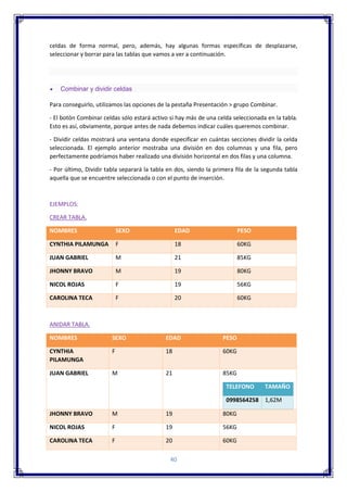 40
celdas de forma normal, pero, además, hay algunas formas específicas de desplazarse,
seleccionar y borrar para las tablas que vamos a ver a continuación.
 Combinar y dividir celdas
Para conseguirlo, utilizamos las opciones de la pestaña Presentación > grupo Combinar.
- El botón Combinar celdas sólo estará activo si hay más de una celda seleccionada en la tabla.
Esto es así, obviamente, porque antes de nada debemos indicar cuáles queremos combinar.
- Dividir celdas mostrará una ventana donde especificar en cuántas secciones dividir la celda
seleccionada. El ejemplo anterior mostraba una división en dos columnas y una fila, pero
perfectamente podríamos haber realizado una división horizontal en dos filas y una columna.
- Por último, Dividir tabla separará la tabla en dos, siendo la primera fila de la segunda tabla
aquella que se encuentre seleccionada o con el punto de inserción.
EJEMPLOS:
CREAR TABLA.
NOMBRES SEXO EDAD PESO
CYNTHIA PILAMUNGA F 18 60KG
JUAN GABRIEL M 21 85KG
JHONNY BRAVO M 19 80KG
NICOL ROJAS F 19 56KG
CAROLINA TECA F 20 60KG
ANIDAR TABLA.
NOMBRES SEXO EDAD PESO
CYNTHIA
PILAMUNGA
F 18 60KG
JUAN GABRIEL M 21 85KG
TELEFONO TAMAÑO
0998564258 1,62M
JHONNY BRAVO M 19 80KG
NICOL ROJAS F 19 56KG
CAROLINA TECA F 20 60KG
 