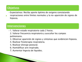 Objetivos
 • Expectativas: Reciba aporte óptimo de oxigeno constatando
 respiraciones entre límites normales y la no-aparición de signos de
   hipoxia.


 Intervenciones
  • 1. Valorar estado respiratorio cada 2 horas.
    2. Valorar frecuencia respiratoria y auscultar los campos
    pulmonares.
    3. Observar aparición de signos y síntomas que evidencien hipoxia.
    4. Realizar fisioterapia respiratoria.
    5. Realizar drenaje postural.
    6. Humidificar aire inspirado.
    7. Aumentar Ingesta de líquidos.
 