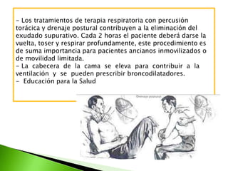 - Los tratamientos de terapia respiratoria con percusión
torácica y drenaje postural contribuyen a la eliminación del
exudado supurativo. Cada 2 horas el paciente deberá darse la
vuelta, toser y respirar profundamente, este procedimiento es
de suma importancia para pacientes ancianos inmovilizados o
de movilidad limitada.
- La cabecera de la cama se eleva para contribuir a la
ventilación y se pueden prescribir broncodilatadores.
- Educación para la Salud
 