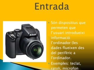 Són dispositius que permeten que l’usuari introdueixi informació l’ordinador (les dades flueixen des del perifèric a l'ordinador. Exemples: teclat, ratoli, microfon ,camara digital etc...  