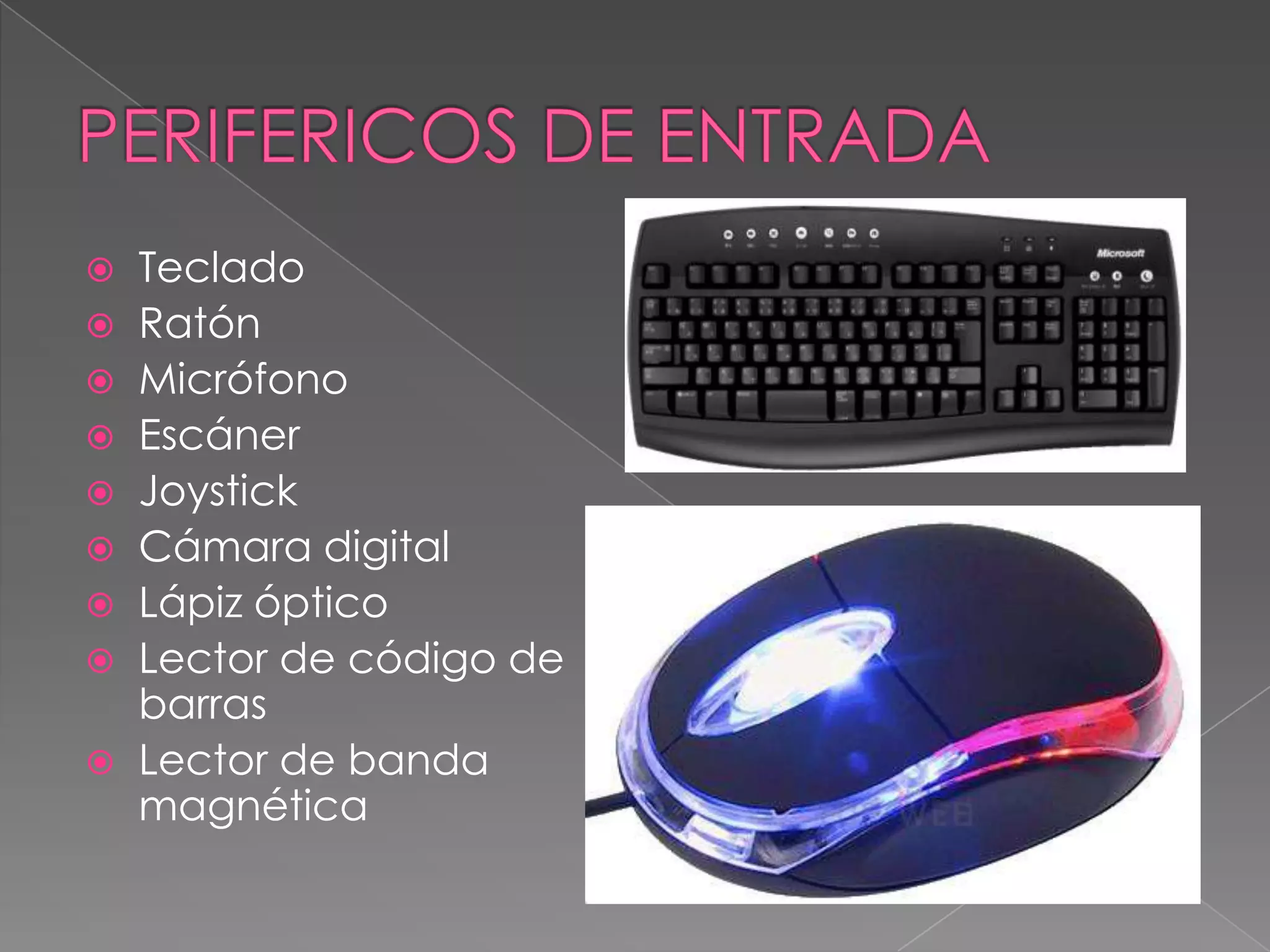  Teclado
 Ratón
 Micrófono
 Escáner
 Joystick
 Cámara digital
 Lápiz óptico
 Lector de código de
  barras
 Lector de banda
  magnética
 