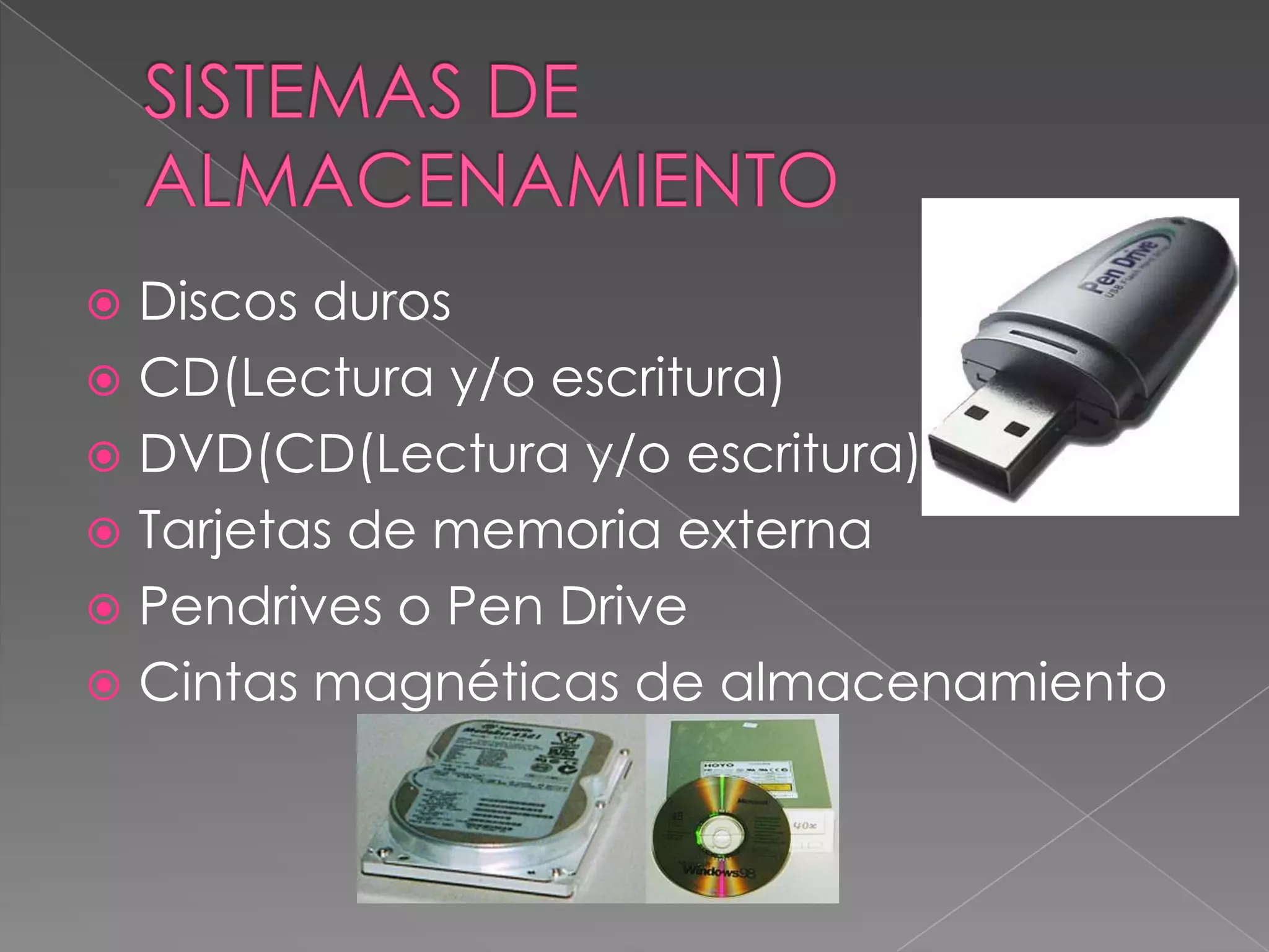  Discos duros
 CD(Lectura y/o escritura)
 DVD(CD(Lectura y/o escritura)
 Tarjetas de memoria externa
 Pendrives o Pen Drive
 Cintas magnéticas de almacenamiento
 