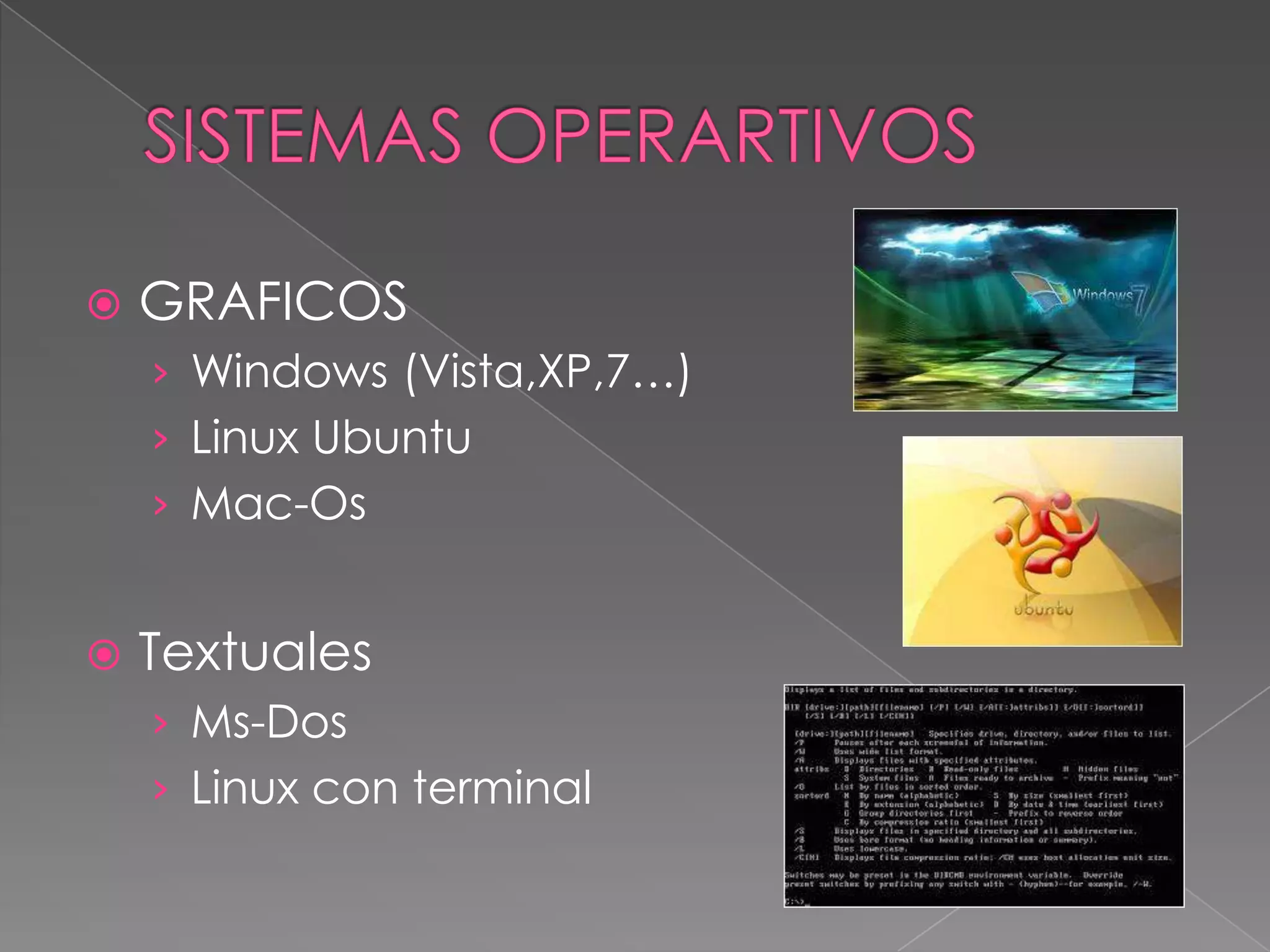    GRAFICOS
    › Windows (Vista,XP,7…)
    › Linux Ubuntu
    › Mac-Os


   Textuales
    › Ms-Dos
    › Linux con terminal
 