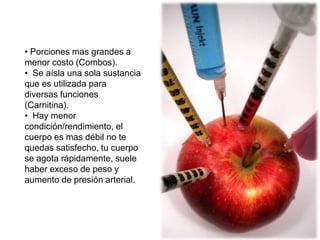 • Porciones mas grandes a
menor costo (Combos).
• Se aísla una sola sustancia
que es utilizada para
diversas funciones
(Carnitina).
• Hay menor
condición/rendimiento, el
cuerpo es mas débil no te
quedas satisfecho, tu cuerpo
se agota rápidamente, suele
haber exceso de peso y
aumento de presión arterial.
 