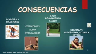 DIABETES Y
COLESTEROL
BAJO
RENDIMIENTO
FISICO
OSTEOPOROSIS
,DOLOR
ARTICULACIONES
DISMINUYE
AUTOESTIMA,ACUMULA
ESTRÉS
Daniela Hernandez forero MARZO 30 DEL 2016
7
 