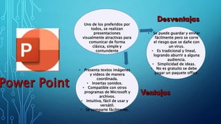 Uno de los preferidos por
todos, se realizan
presentaciones
visualmente atractivas para
comunicar de forma
clásica, simple y
contundente
• Presenta textos imágenes
y videos de manera
coordinada.
• Insertas sonidos.
• Compatible con otros
programas de Microsoft y
archivos.
• Intuitiva, fácil de usar y
versátil.
• Se comparte fácilmente.
• Se puede guardar y enviar
fácilmente pero se corre
el riesgo que se dañe con
un virus.
• Es tradicional y lineal,
logrando aburrir a alguna
audiencia.
• Simplicidad de ideas.
• No es gratuito se debe
pagar un paquete office.
 