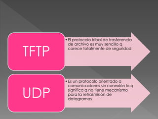 • El protocolo tribal de trasferencia 
de archivo es muy sencillo q 
carece totalmente de seguridad TFTP 
• Es un protocolo orientado a 
comunicaciones sin conexión lo q 
significa q no tiene mecanismo 
para la retrasmisión de 
datagramas UDP 
 