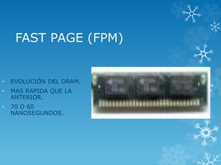 FAST PAGE (FPM)
• EVOLUCIÓN DEL DRAM.
• MAS RAPIDA QUE LA
ANTERIOR.
• 70 O 60
NANOSEGUNDOS.
 