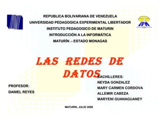 REPUBLICA BOLIVARIANA DE VENEZUELAREPUBLICA BOLIVARIANA DE VENEZUELA
UNIVERSIDAD PEDAGOGICA EXPERIMENTAL LIBERTADORUNIVERSIDAD PEDAGOGICA EXPERIMENTAL LIBERTADOR
INSTITUTO PEDAGOGICO DE MATURININSTITUTO PEDAGOGICO DE MATURIN
INTRODUCCIÓN A LA INFORMÁTICAINTRODUCCIÓN A LA INFORMÁTICA
MATURÍN .- ESTADO MONAGASMATURÍN .- ESTADO MONAGAS
LAS REDES DE
DATOS
PROFESOR:PROFESOR:
DANIEL REYESDANIEL REYES
BACHILLERES:
NEYDANEYDA GONZALEZ
MARY CARMEN CORDOVA
ALLEMIR CABEZA
MARYENI GUANAGUANEY
MATURIN, JULIO 2008MATURIN, JULIO 2008
 