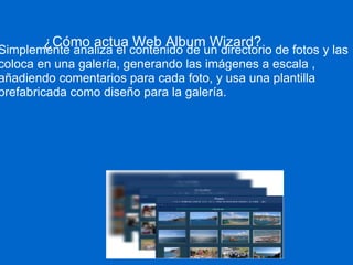Simplemente analiza el contenido de un directorio de fotos y las coloca en una galería, generando las imágenes a escala , añadiendo comentarios para cada foto, y usa una plantilla prefabricada como diseño para la galería. ¿Cómo actua Web Album Wizard?