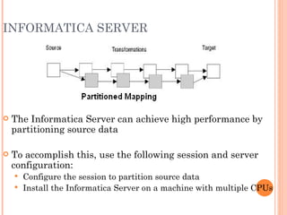 INFORMATICA SERVER The Informatica Server can achieve high performance by partitioning source data  To accomplish this, use the following session and server configuration:  Configure the session to partition source data Install the Informatica Server on a machine with multiple CPUs 