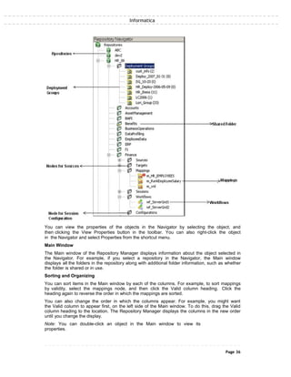 Informatica
You can view the properties of the objects in the Navigator by selecting the object, and
then clicking the View Properties button in the toolbar. You can also right-click the object
in the Navigator and select Properties from the shortcut menu.
Main Window
The Main window of the Repository Manager displays information about the object selected in
the Navigator. For example, if you select a repository in the Navigator, the Main window
displays all the folders in the repository along with additional folder information, such as whether
the folder is shared or in use.
Sorting and Organizing
You can sort items in the Main window by each of the columns. For example, to sort mappings
by validity, select the mappings node, and then click the Valid column heading. Click the
heading again to reverse the order in which the mappings are sorted.
You can also change the order in which the columns appear. For example, you might want
the Valid column to appear first, on the left side of the Main window. To do this, drag the Valid
column heading to the location. The Repository Manager displays the columns in the new order
until you change the display.
Note: You can double-click an object in the Main window to view its
properties.
Page 36
 
