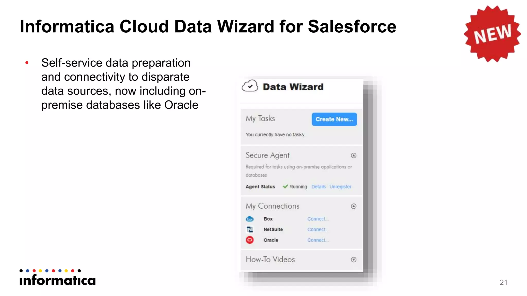 Informatica Cloud Data Wizard for Salesforce
21
• Self-service data preparation
and connectivity to disparate
data sources, now including on-
premise databases like Oracle
 