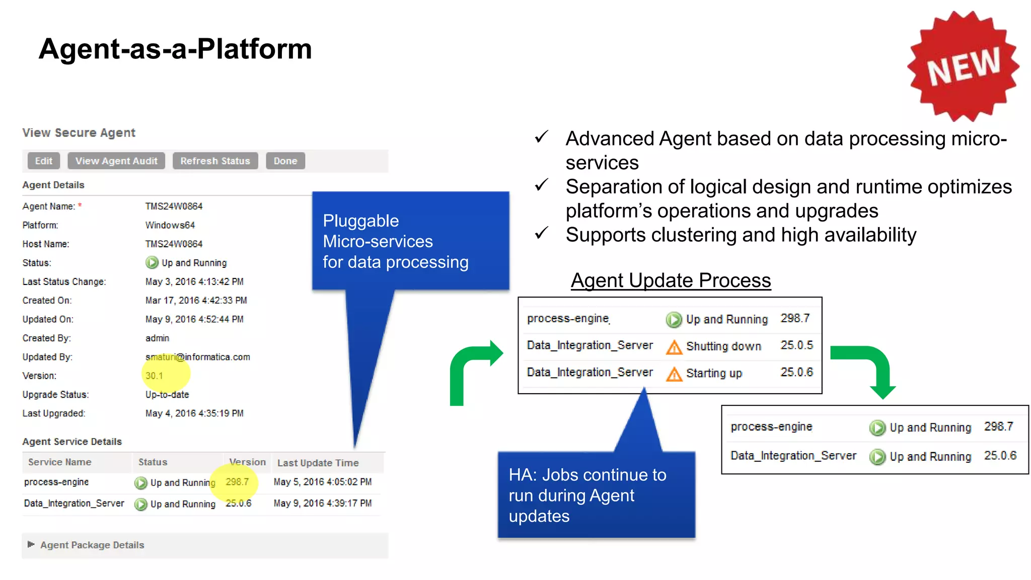 Pluggable
Micro-services
for data processing
HA: Jobs continue to
run during Agent
updates
Agent Update Process
 Advanced Agent based on data processing micro-
services
 Separation of logical design and runtime optimizes
platform’s operations and upgrades
 Supports clustering and high availability
Agent-as-a-Platform
 