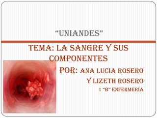 “UNIANDES”
TEMA: LA SANGRE Y SUS
    COMPONENTES
       Por: Ana lucia rosero
              Y Lizeth rosero
                 1 “b” ENFErmEríA
 