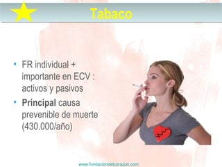 www.fundaciondelcorazon.com
• FR individual +
importante en ECV :
activos y pasivos
• Principal causa
prevenible de muerte
(430.000/año)
TabacoTabaco
 
