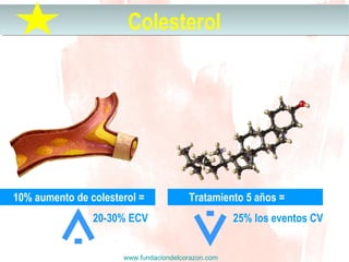 www.fundaciondelcorazon.com
10% aumento de colesterol =
20-30% ECV
Tratamiento 5 años =
25% los eventos CV
ColesterolColesterol
 